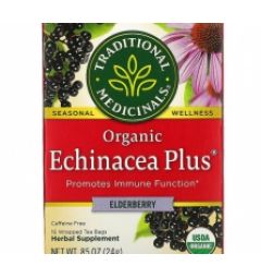 Traditional Medicinals, Organic Echinacea Plus, Elderberry, Caffeine Free, 16 Wrapped Tea Bags, .85 