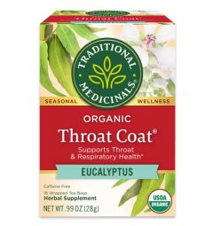 Traditional Medicinals, Organic Throat coat Eucalyptus Supports Throat & respiratory health, 16 Wrapped Tea Bags