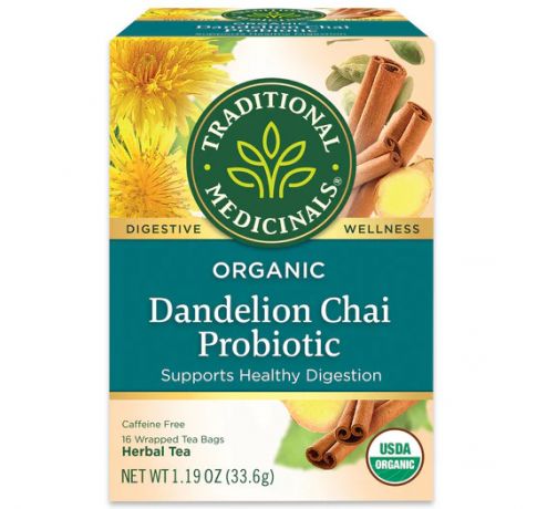 Traditional Medicinals, Organic Dandelion chai Probiotic Supports healthy digestion , 16 Wrapped Tea Bags