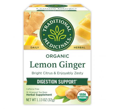 Traditional Medicinals, Organic Lemon Ginger digestion Support, 16 Wrapped Tea Bags