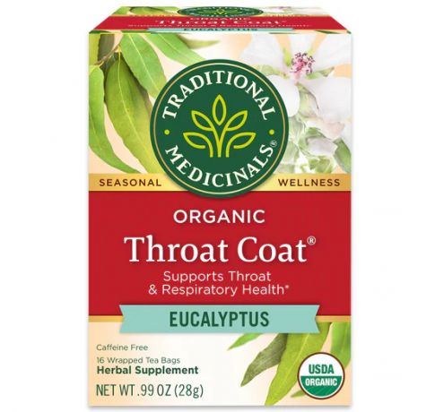 Traditional Medicinals, Organic Throat coat Eucalyptus Supports Throat & respiratory health, 16 Wrapped Tea Bags