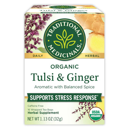 Traditional Medicinals, Organic Tulsi & Ginger Supports stress response , 16 Wrapped Tea Bags